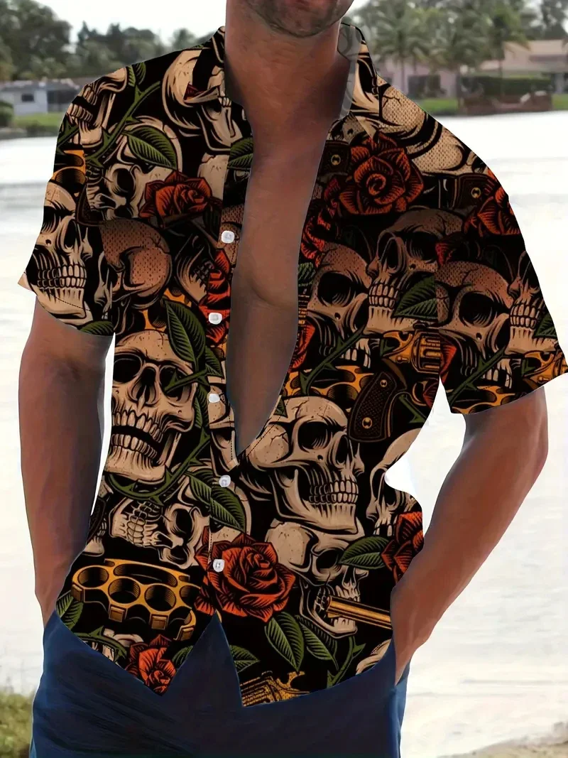 

Men's Summer Boutique Beach Red Roses with Skull Elements Printed Button-Up Shirt Men's Fashion Trend Casual Comfortable Shirt