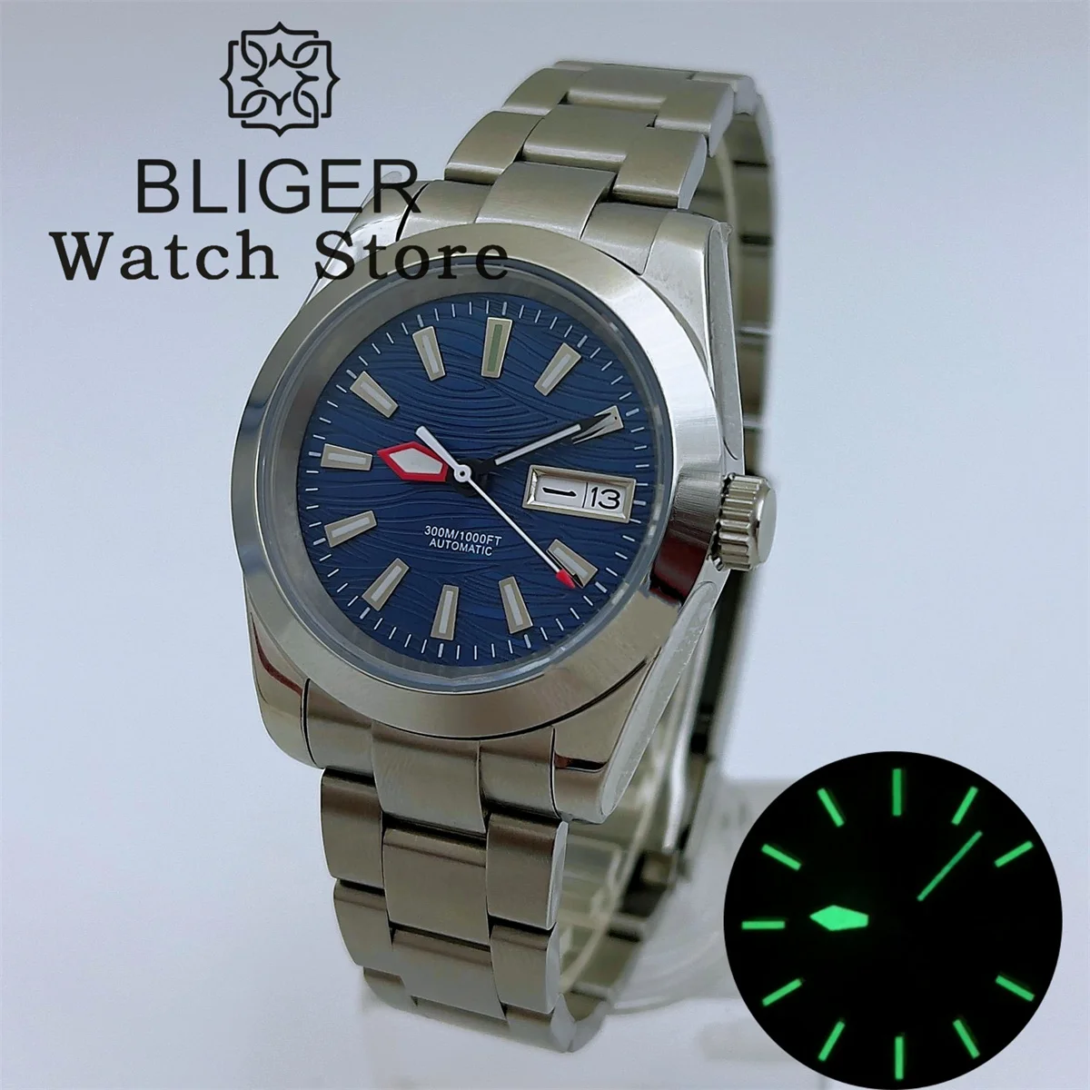 

BLIGER 36mm/39mm NH36 Men's Automatic Watch Polished Bezel Blue gray black Dial Sapphire Glass Week Date Display Oyster/Jubilee