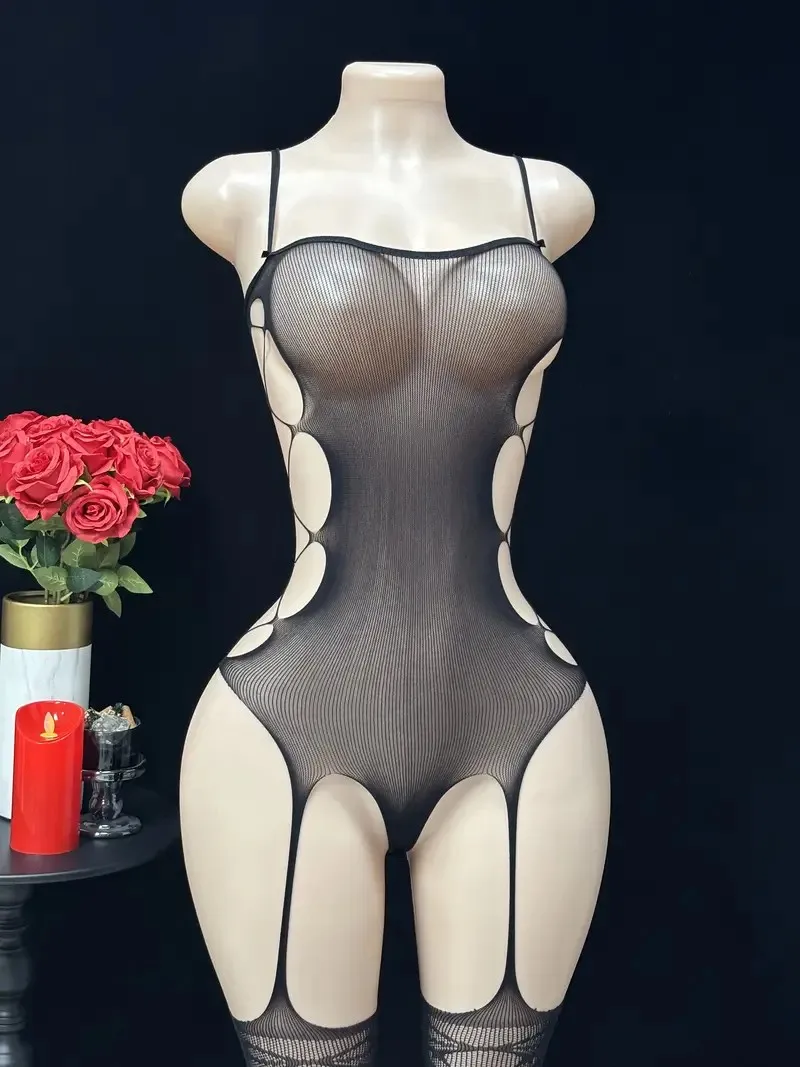 Sexy Suspender Stockings Jumpsuit With Fishing Net Cutouts On Both Sides Pure Desire For Perspective Atmosphere And Fun Lingerie view 4