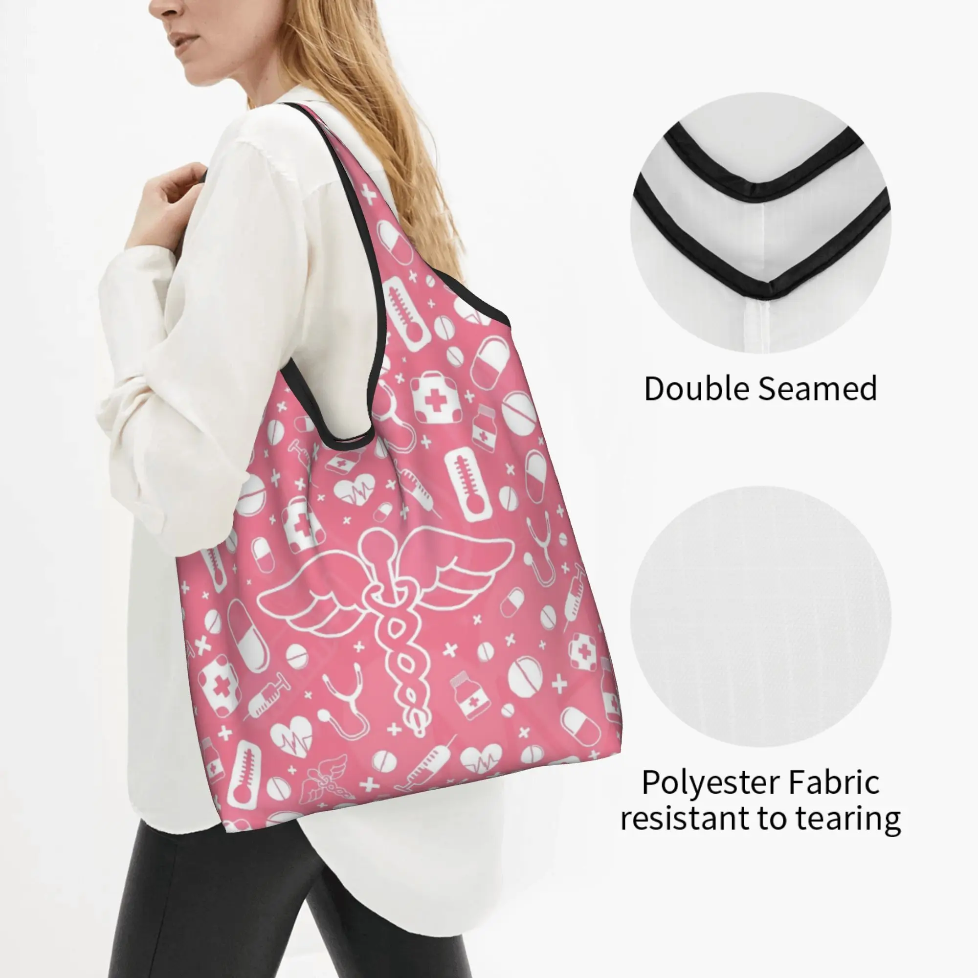 Kawaii Printed Medical panoramic background with different medicines Shopping Tote Bags Portable Shoulder Shopper  Handbag