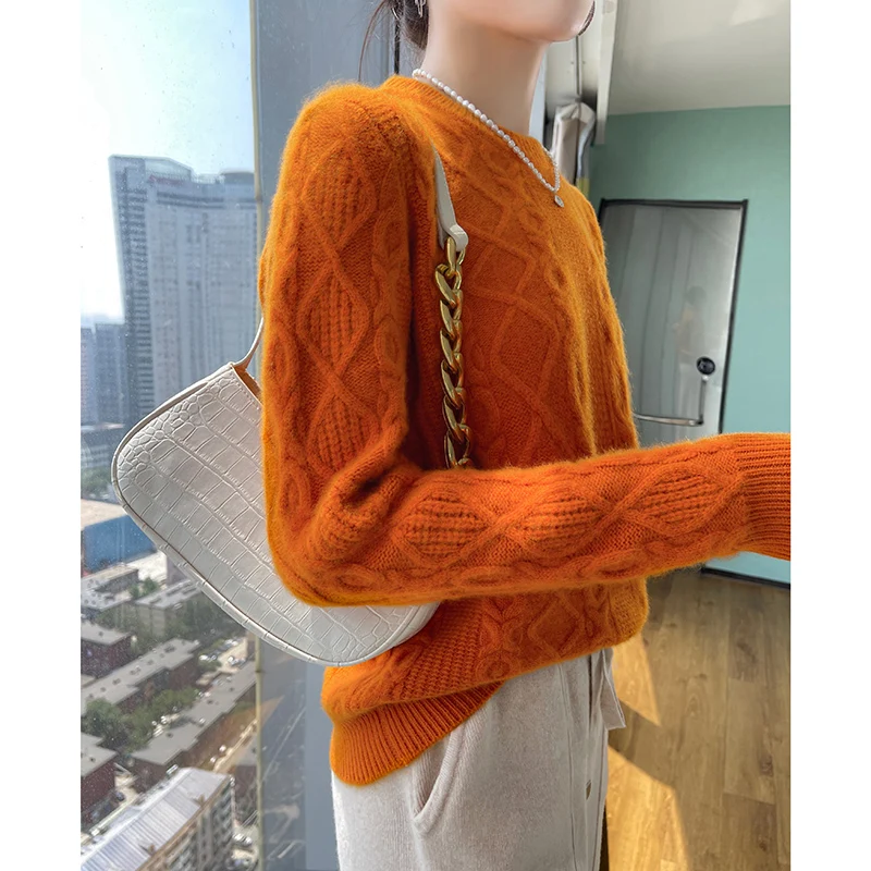 DjzDsm Autumn/Winter New 100% Pure Wool Knitted Sweater Women's Top O-Neck Thickened Diamond Design  Pullover sweater