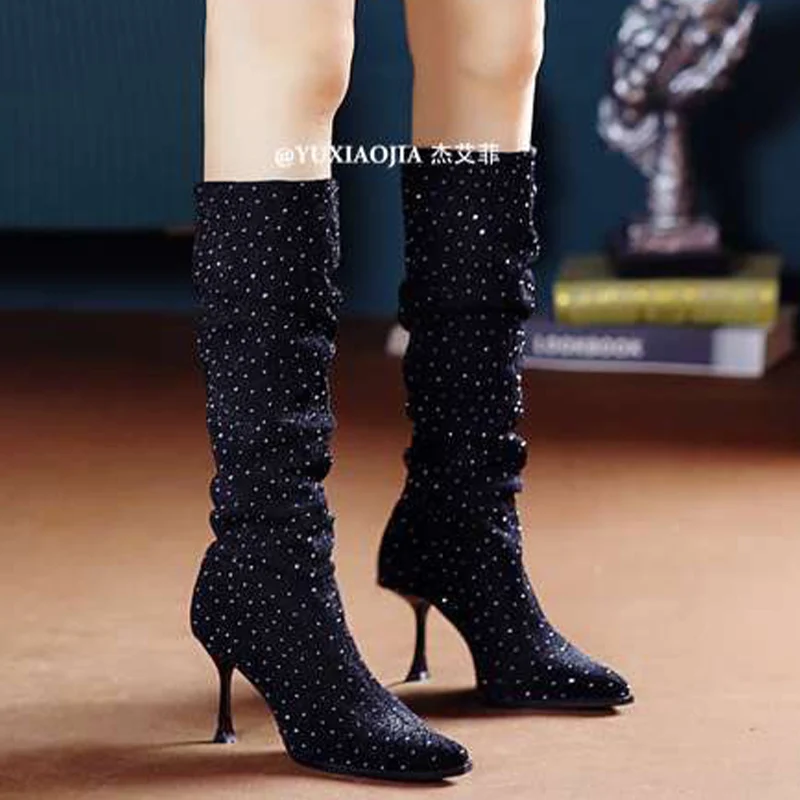 Bling Sexy Jolie tu Parker Bottes Hautes pour Femmes, Talons Hauts Plissés, Chaussures Tendance Femme, Genou Haut, StephanSnow Botas Escarpins, Hiver 2025, Nouveau