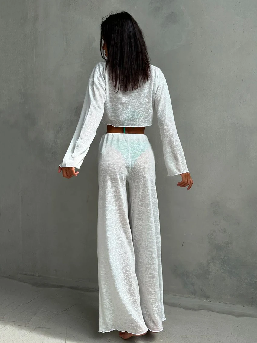 Marthaqiqi Loose Women Pajamas Suit O-Neck Sleepwear Long Sleeve Nightgowns Crop Top Nightwear Pants Causal Ladies Home Clothes