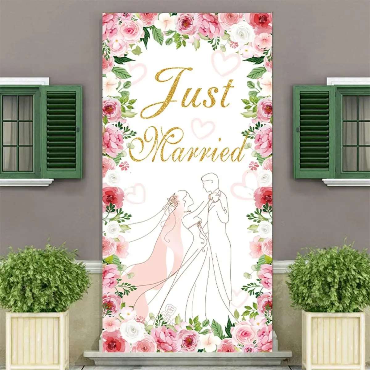 2D الباب راية Just Married غطاء باب الزفاف مع 70.8 ''X35.4'' الأزهار الزفاف دش معلقة راية حفل زفاف الديكور #3