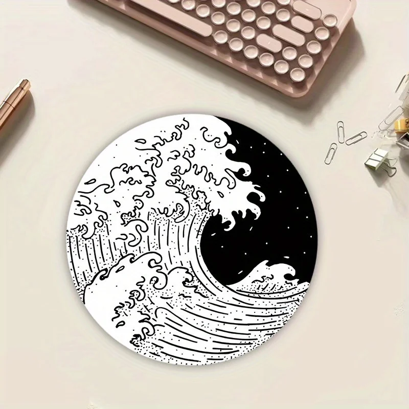 

The wavy black and white mouse pad with anti-slip rubber base and round table mat is suitable for home offices