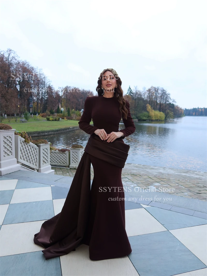 SSYTENS Arabskie Sukienki Wieczorowe Dekolt Okrągły Długie Rękawy Elastyczna Satyna Szyte na Miarę Syrenka Brązowe Suknie na Bal Studniówkowy Vestidos De Noche