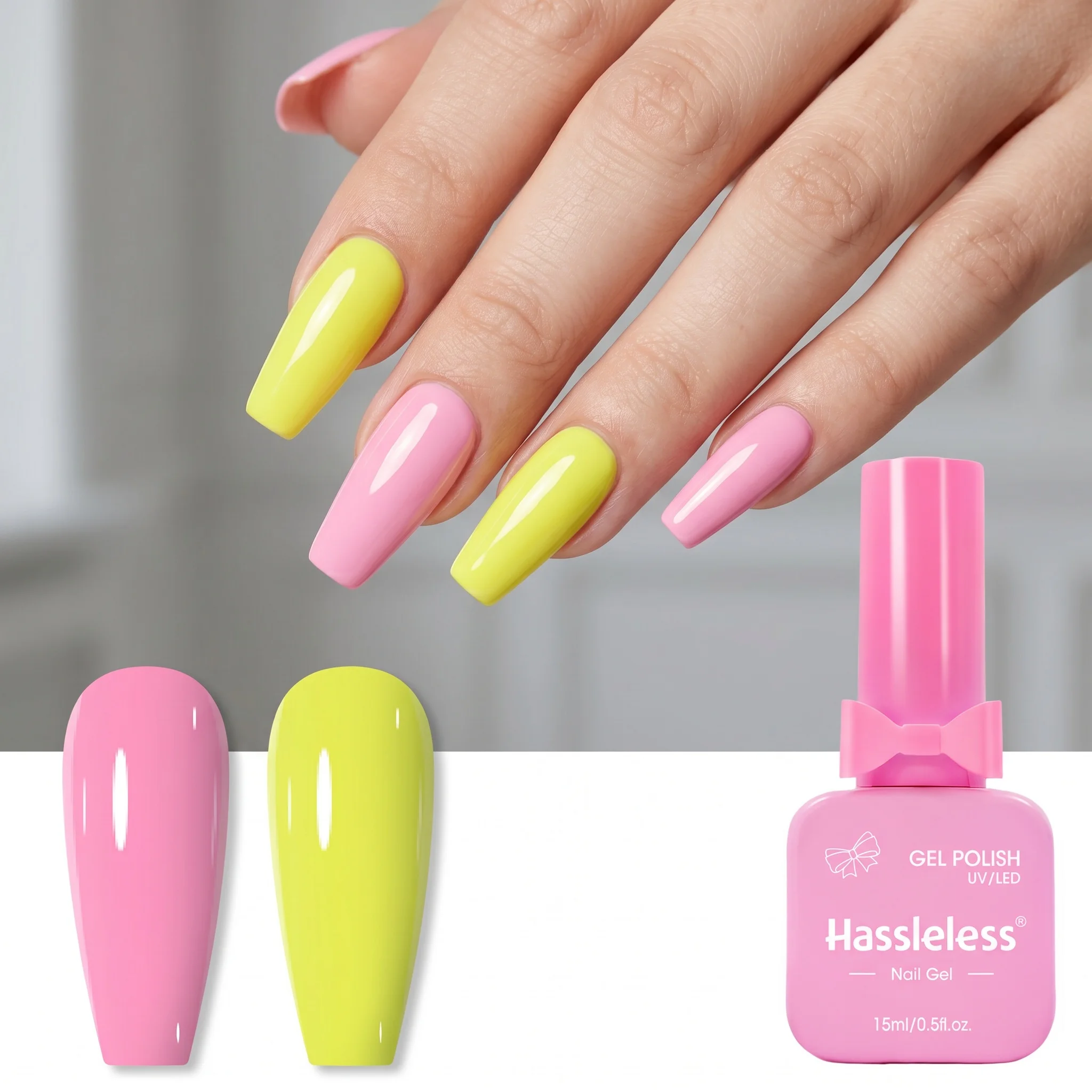 Hassleless Vitality Barbie Pink Lemon Yellow 2-Piece Armor Gel Polish Set, High-Gloss Mirror Effect, Smooth Application and Even Color, Suitable for Home DIY Color-Changing Nail Art Creations and Professional Salon Nai