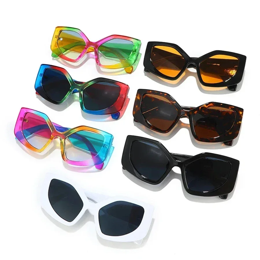 LNFCXI Fashion Rainbow Polygon Cat Eye Women Colorful Gradient Sunglasses Shades UV400 Retro Trending Men Sun Glasses