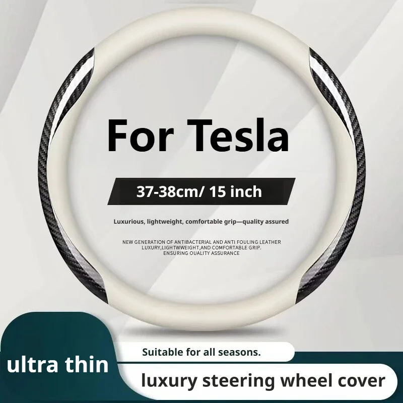 For Tesla Model 3 2017-2022 Model Y Model S Model X Nappa Leather Steering Wheel Cover Ultra Thin 37-38cm Anti-Slip Breathable