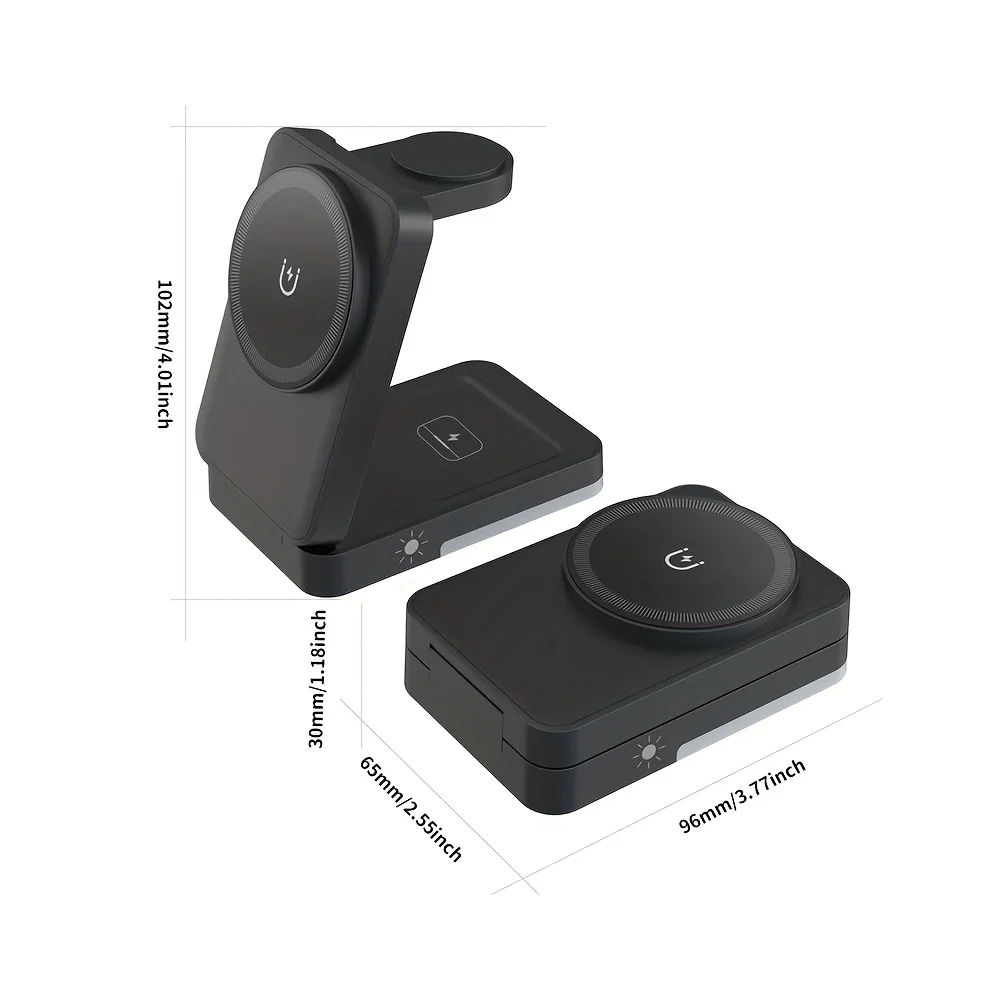 حامل شاحن لاسلكي بإضاءة LED 3 في 1 قابل للطي لهاتف iPhone 16 15 14 13 12 Apple Watch 2-9 SE Airpods Pro محطة شحن سريعة