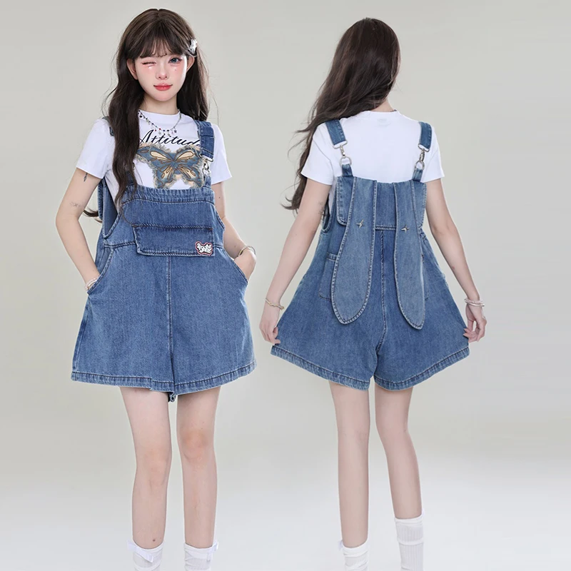 

Slimming Rabbit Ear Denim Overalls Women's Summer Design Large Size Faionable orts High Waist Blue Jeans Bal