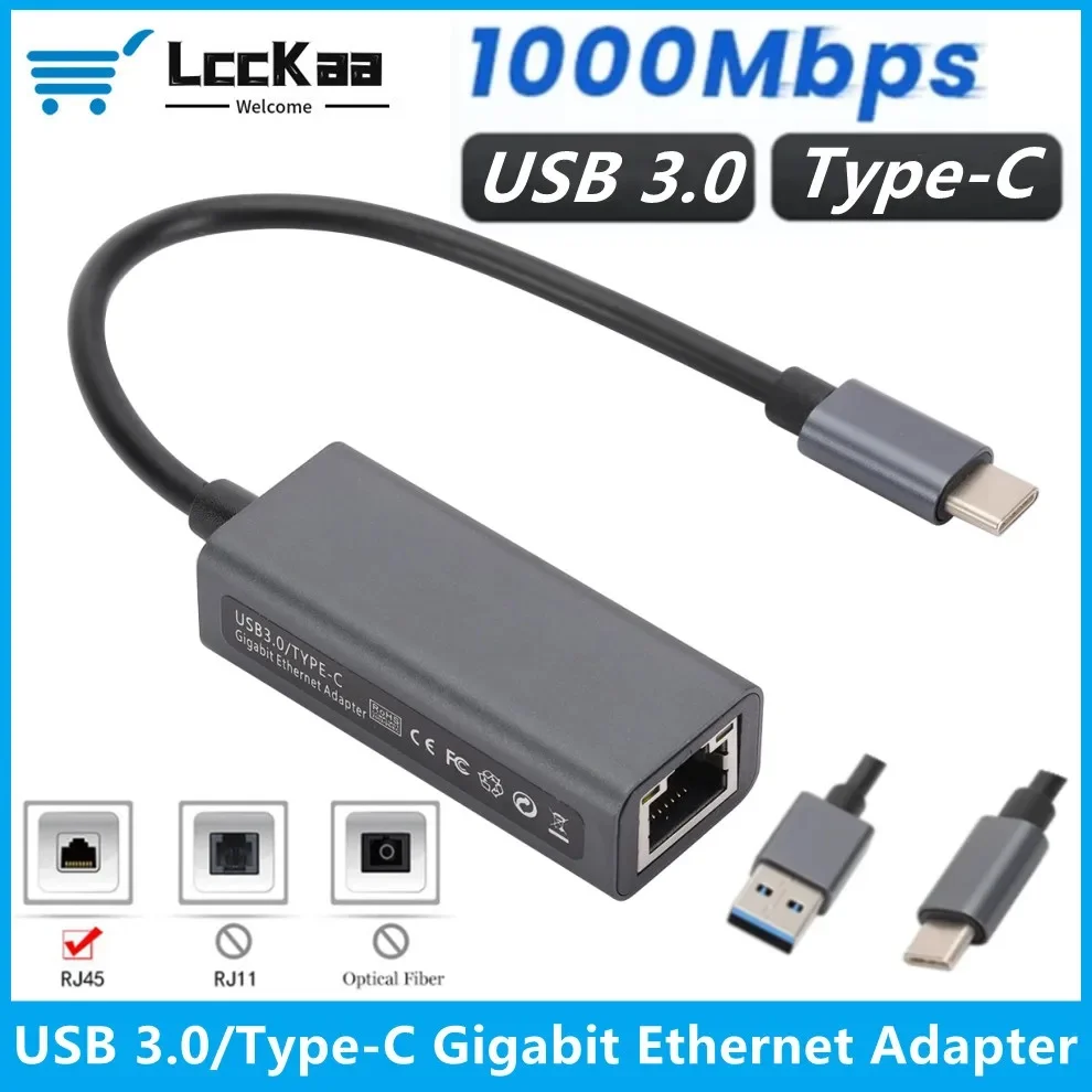 LccKaa USB 3.0/Type-C Gigabit Ethernet Adapter 10/100/1000Mbps USB 3.0 to Rj45 Lan Ethernet Adapter Network Card for PC Laptop