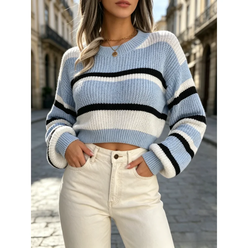 Chic Women Autumn Y2K Striped Cropped Knit Sweater Notch V Neck Long Sleeve Pullover Casual Commute Knitted Tops