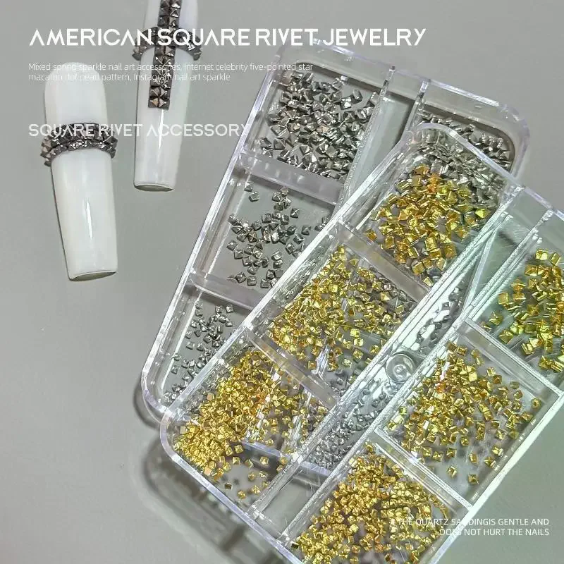 6 Grids Gold Silver Dark Grey 3 Color Square Pyramid Nail Rivets 3D Metal Spike Studs Gothic Punk Nail Art Accessories For DIY