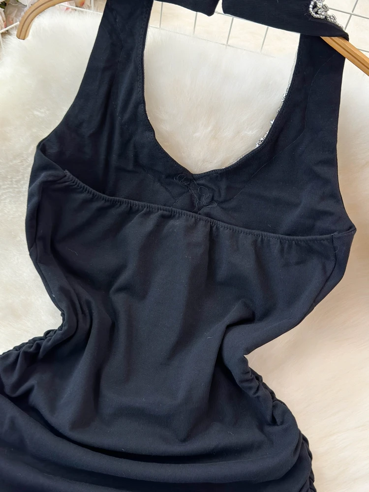 Foamlina وصول جديد فاخر الماس مزين الرسن اللباس المرأة عارية الذراعين انقطاع Ruched البسيطة حزب رداء