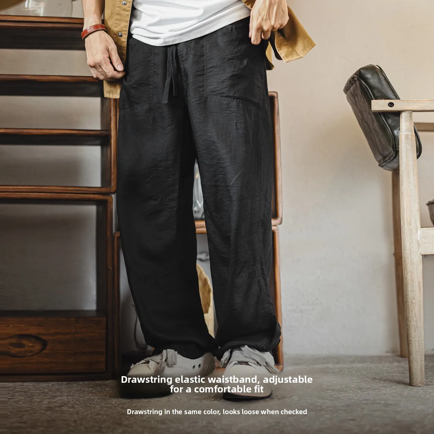 

Maden Men's Vintage Lightweight Chino Pants Linen-Blend Trousers with Elastic Waist Casual Khaki Baker Pants for Summer and Fall