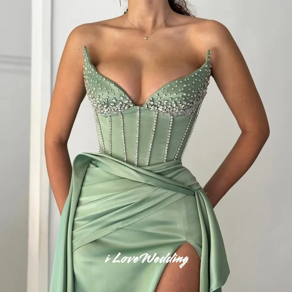 Verde com decote em v vestidos de noite 2025 cetim sem mangas cristal sereia split plissado até o chão vestido de baile vestidos de festa personalizar
