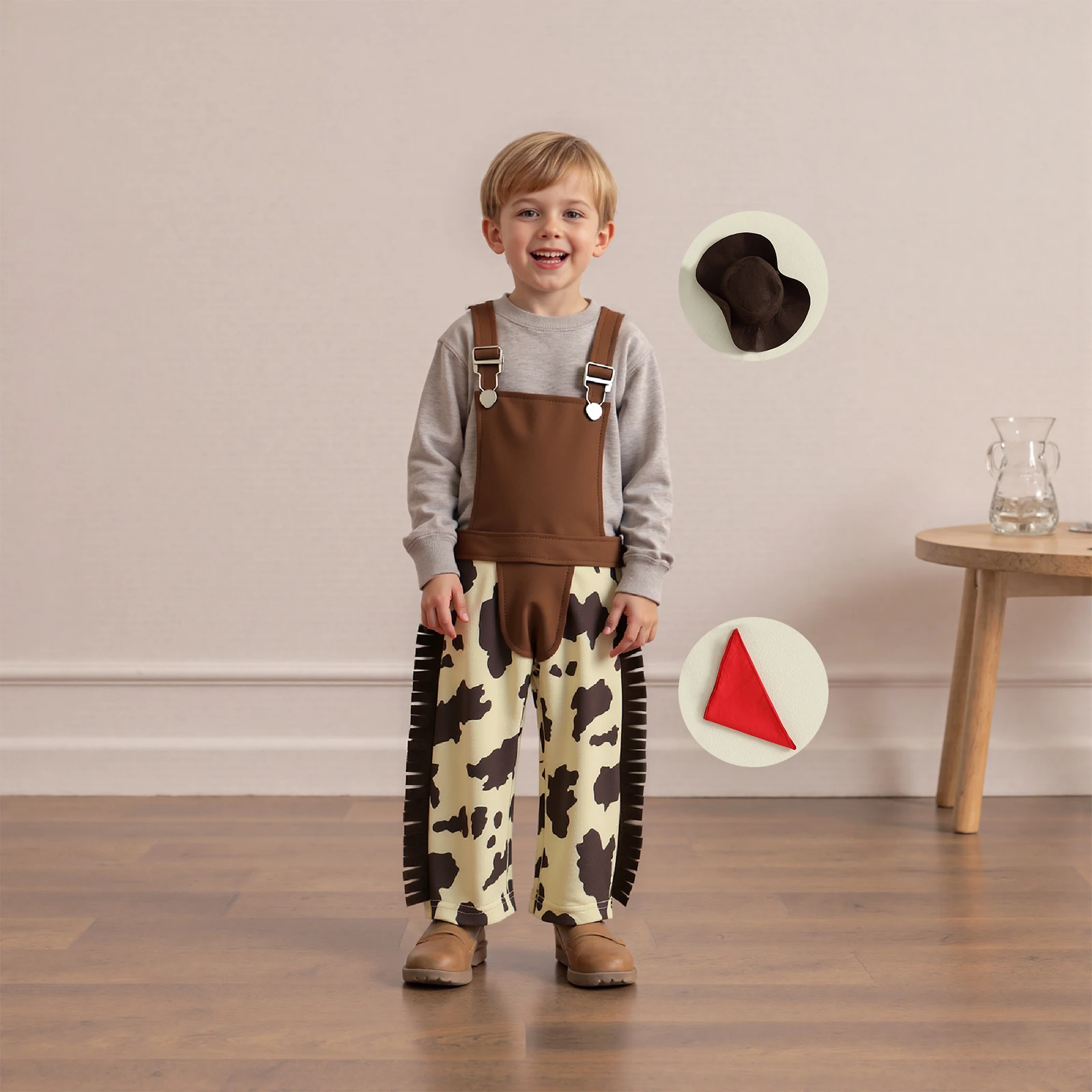 Baby Western Clothes Cow Print Tassel Sleeveless Overalls with Cowgirl Hat Bandana Neck Scarf Photography Costume