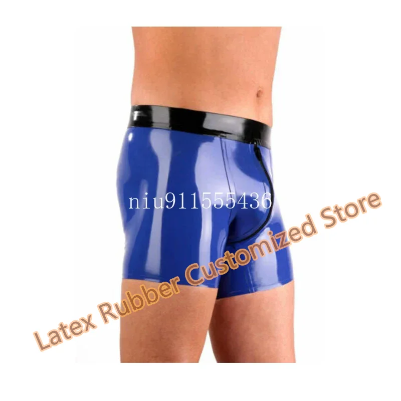 

Handmade Latex Boxer Sexy Fetish Blue with Black Rubber Underwear Short Panties Lingerie Cosplay Costumes