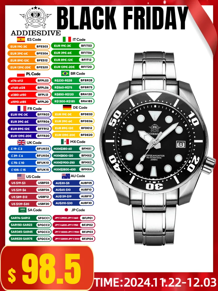 ADDIESDIVE Men Classic Watch Sapphire Crystal BGW9 Luminous Ceramic Bezel 200M Diver 316L Stainless Steel NH35 Automatic Watches