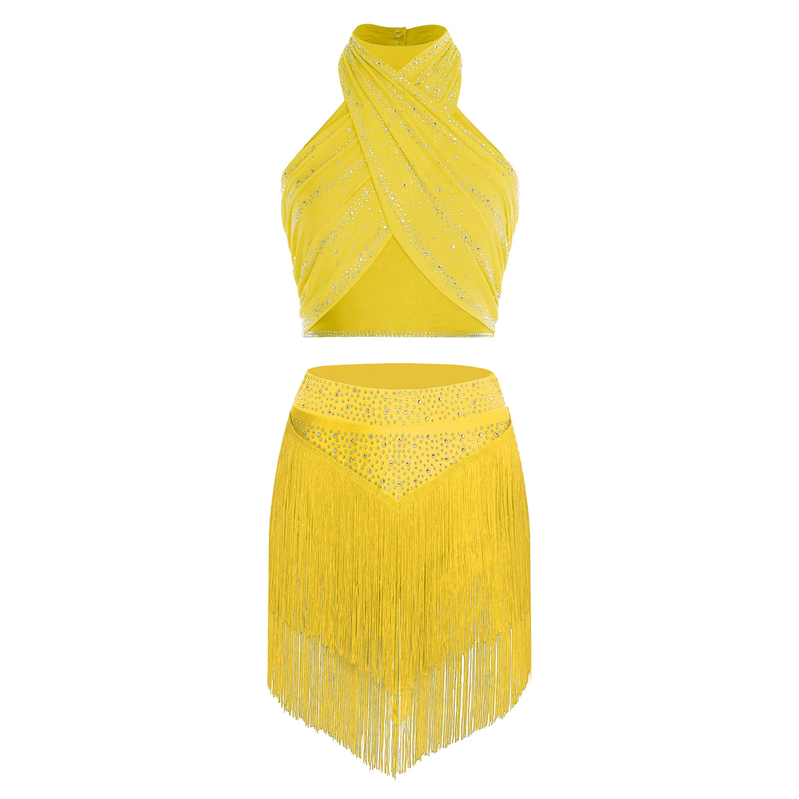 Adultes femmes élégant Chacha Salsa vêtements de danse latine licou sans manches froncé haut court et jupe pour danse de salon Jazz du ventre