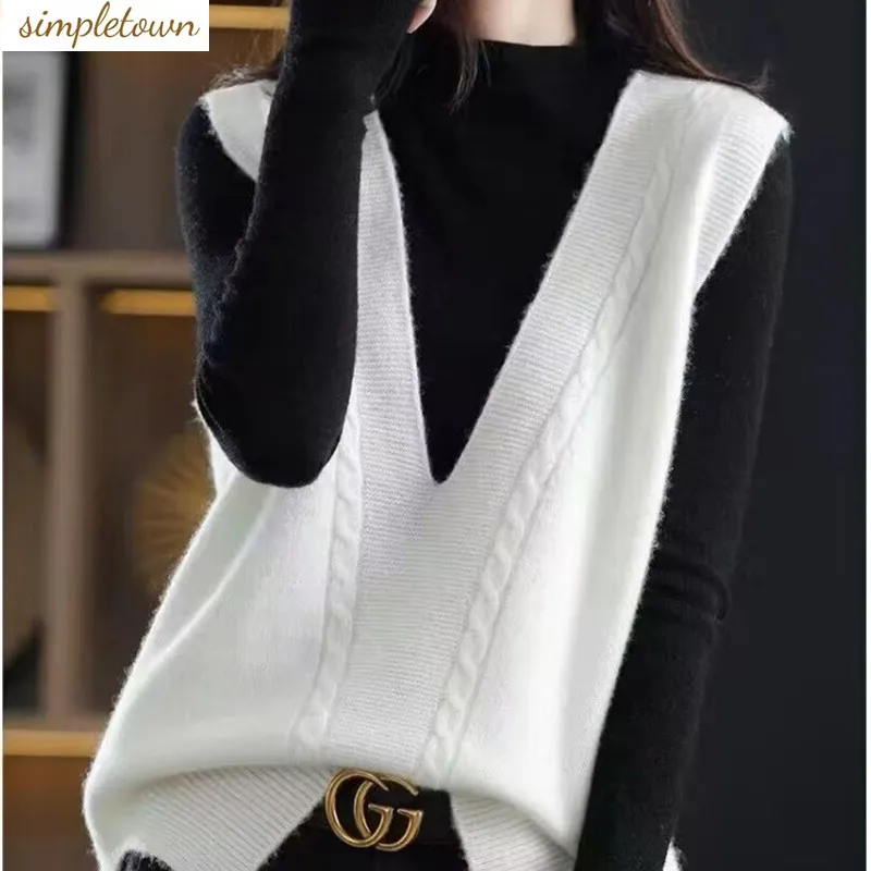 

2024 Spring and Autumn New Vest Women's V-neck Layup Sleeveless Solid Color Loose and Slimming Knitted Sweater