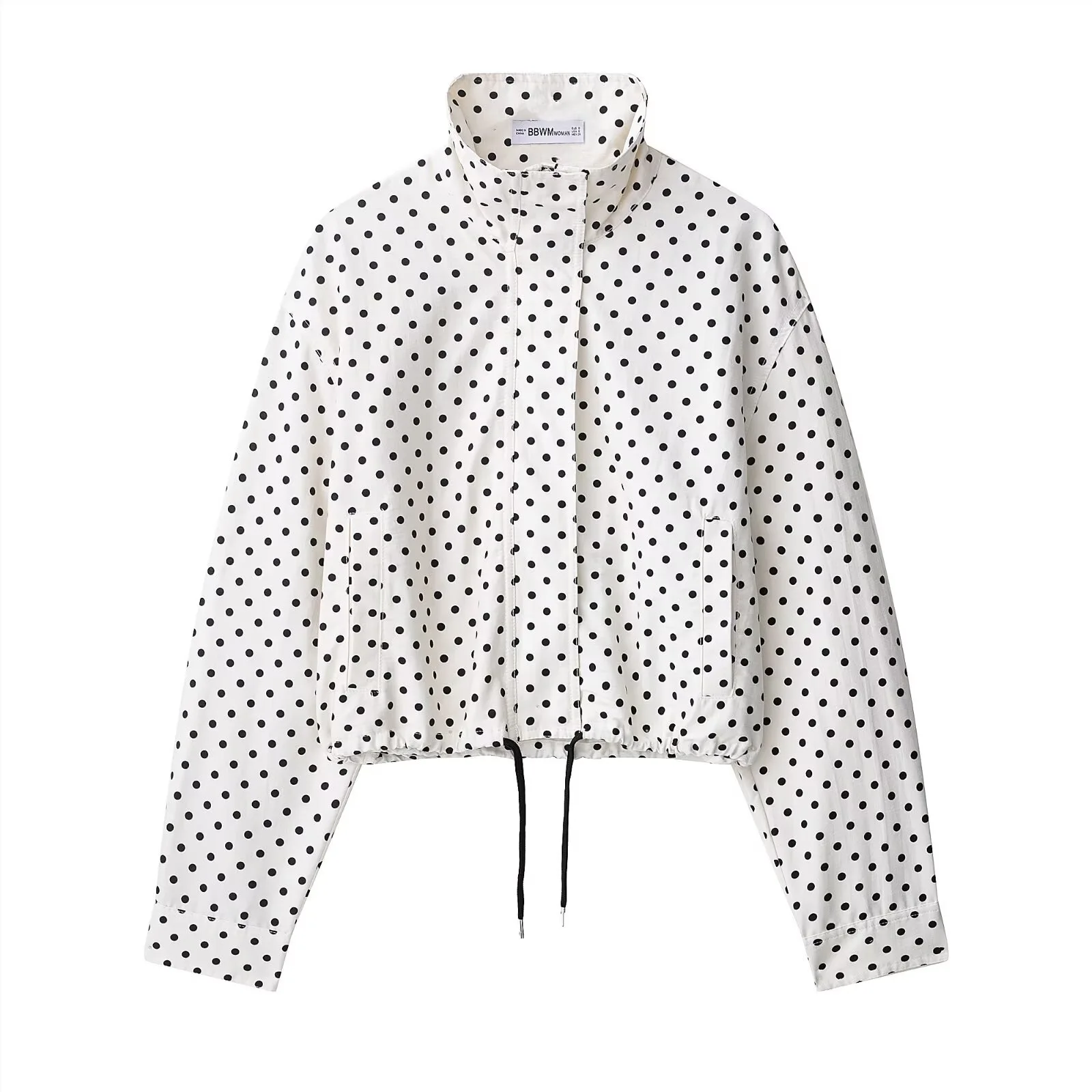 

Women's Polka Dot Short Jacket 2026 New Stand Collar Long Sleeve Button Up Outerwear Spring Casual Streetwear Loose Fit Coat