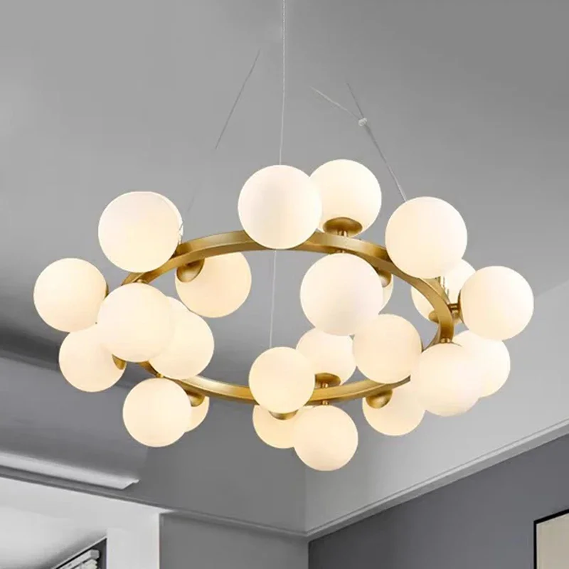 

Modern Glass Ball Pendant Lights Gold Wrought Iron Ring-shaped Led Chandelier Living Room Bedroom Restaurant Hotel Hanging Lamps