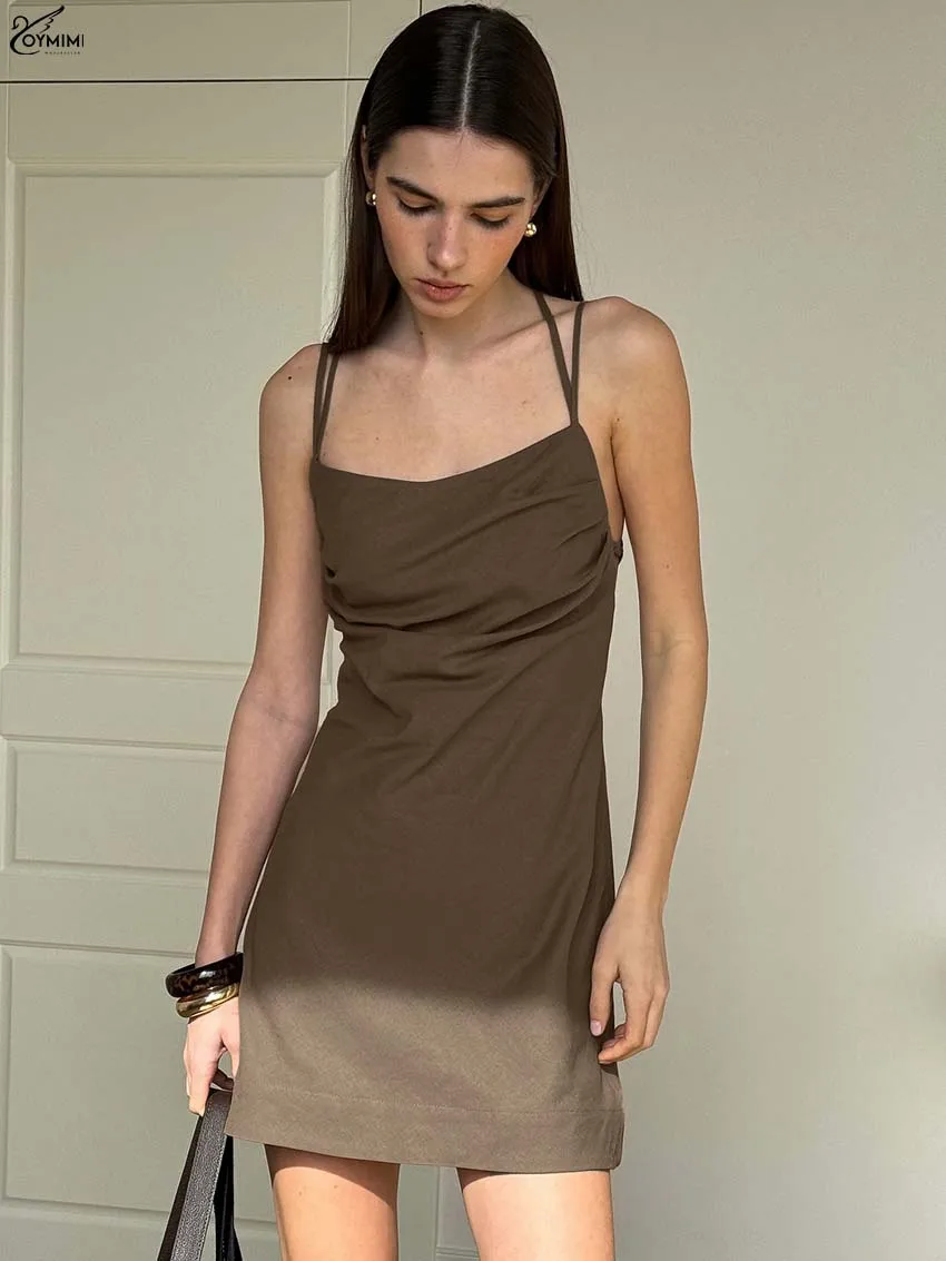 

Oymimi Elegant Brown Cotton Dresses 2025 Woman Fashion Spaghetti Strap Open Back Lace-Up Dresses Autumn New Straight Mini Dress