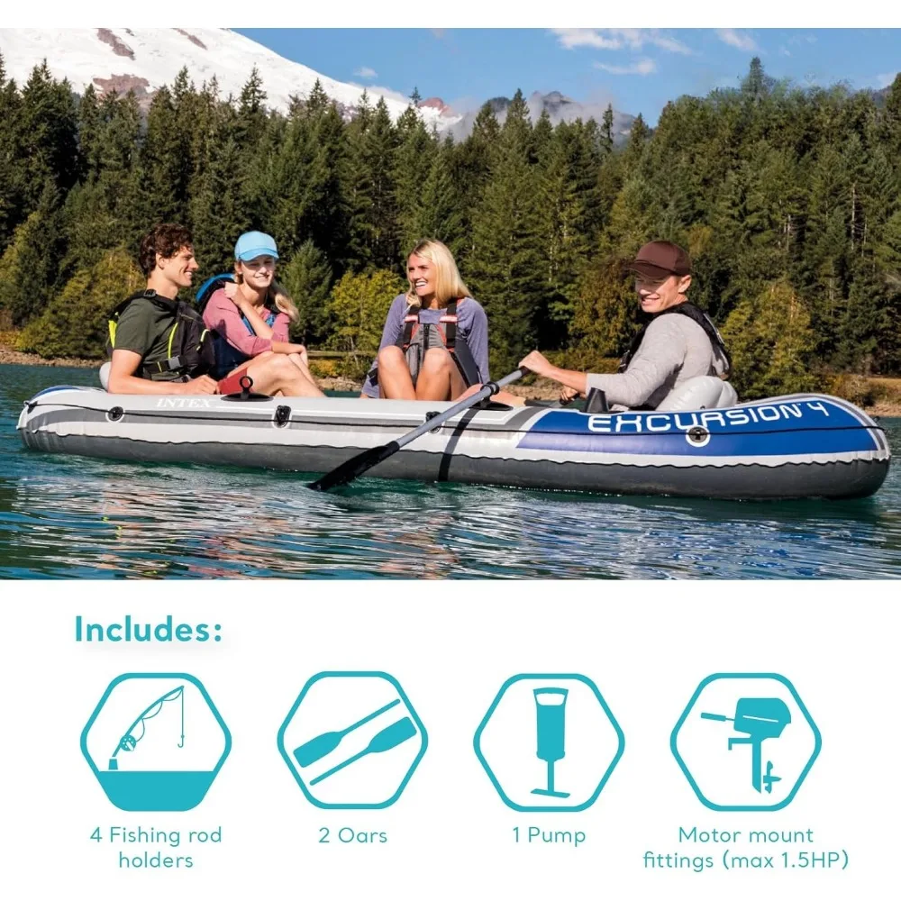 Excursion 5-Personen-Schlauchboot-Set mit 2 Aluminium-Ruder und Pumpe, Intex 12 V Heckboot-Trolling und Motorhalterung