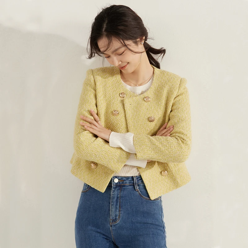 Round Neck Yellow Small Fragrance Short Coat Women's Fashion Long Sleeve Double-breasted Loose Wild Office Lady Tweed Coat