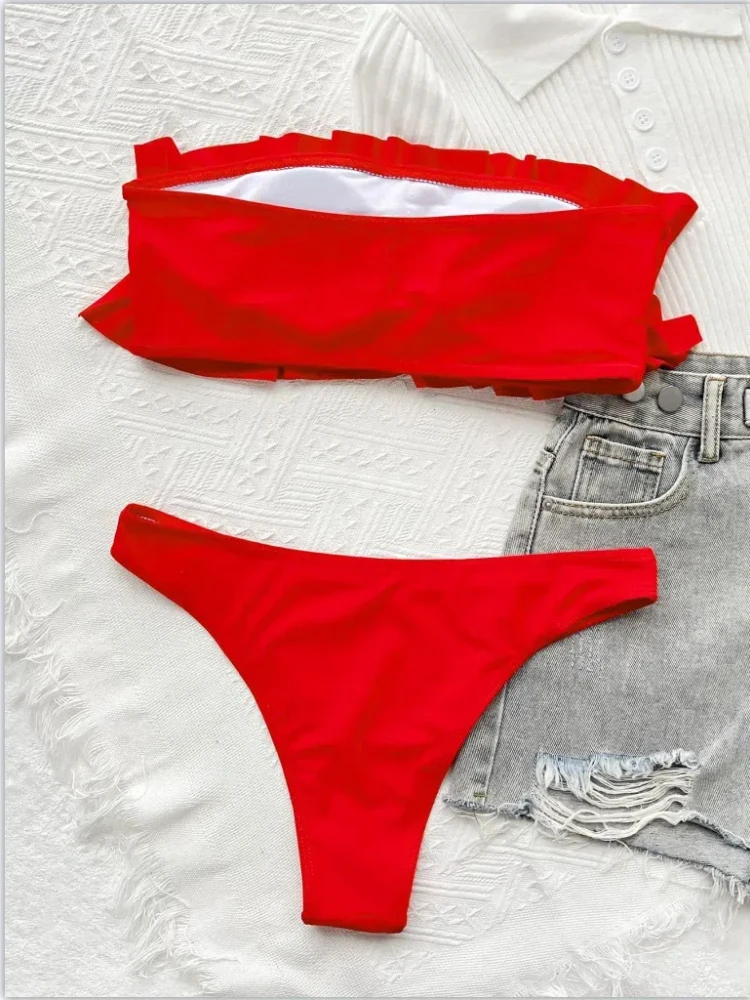 Red Micro Bikini 2024 Women Sexy Thong Two Piece Swimsuit Bandeau Ruffle Swimwear Female Bathing Suit Swim Summer Beachwear Blue