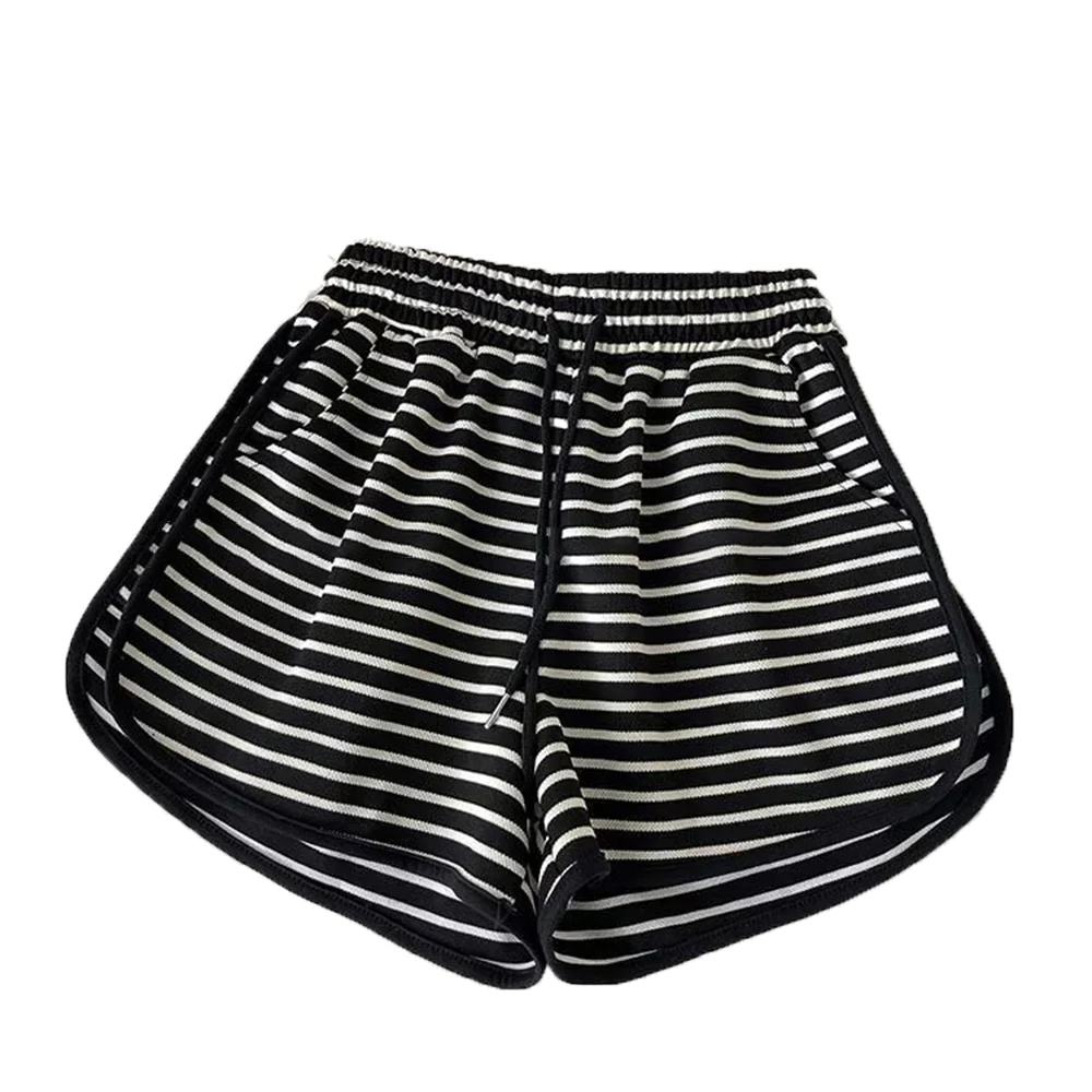 

Женские спортивные шорты с высокой талией в полоску, эластичный пояс, полиэстер, универсальный размер (на рост 35-60 кг), для спортзала и повседневных прогулок