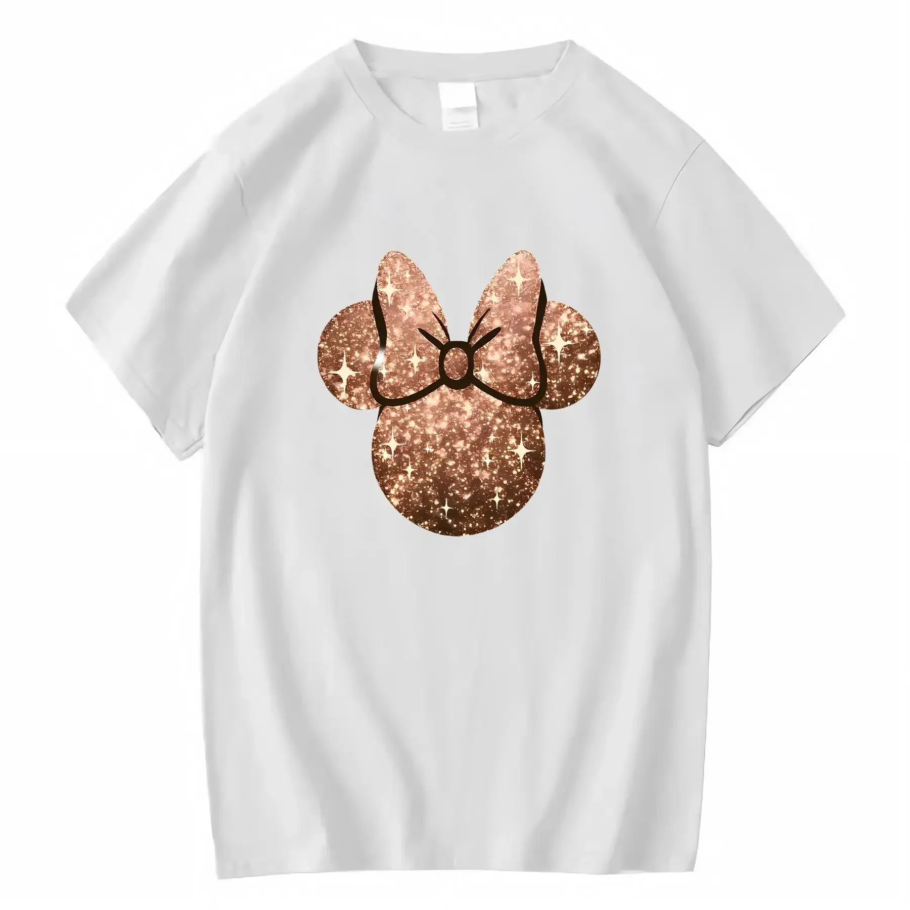 تي شيرت ديزني ميكي ميني ماوس بفيونكة لامعة للسيدات من القطن الأسود 100 رقبة دائرية مناسبة لربيع وصيف عتيق مغسول #2