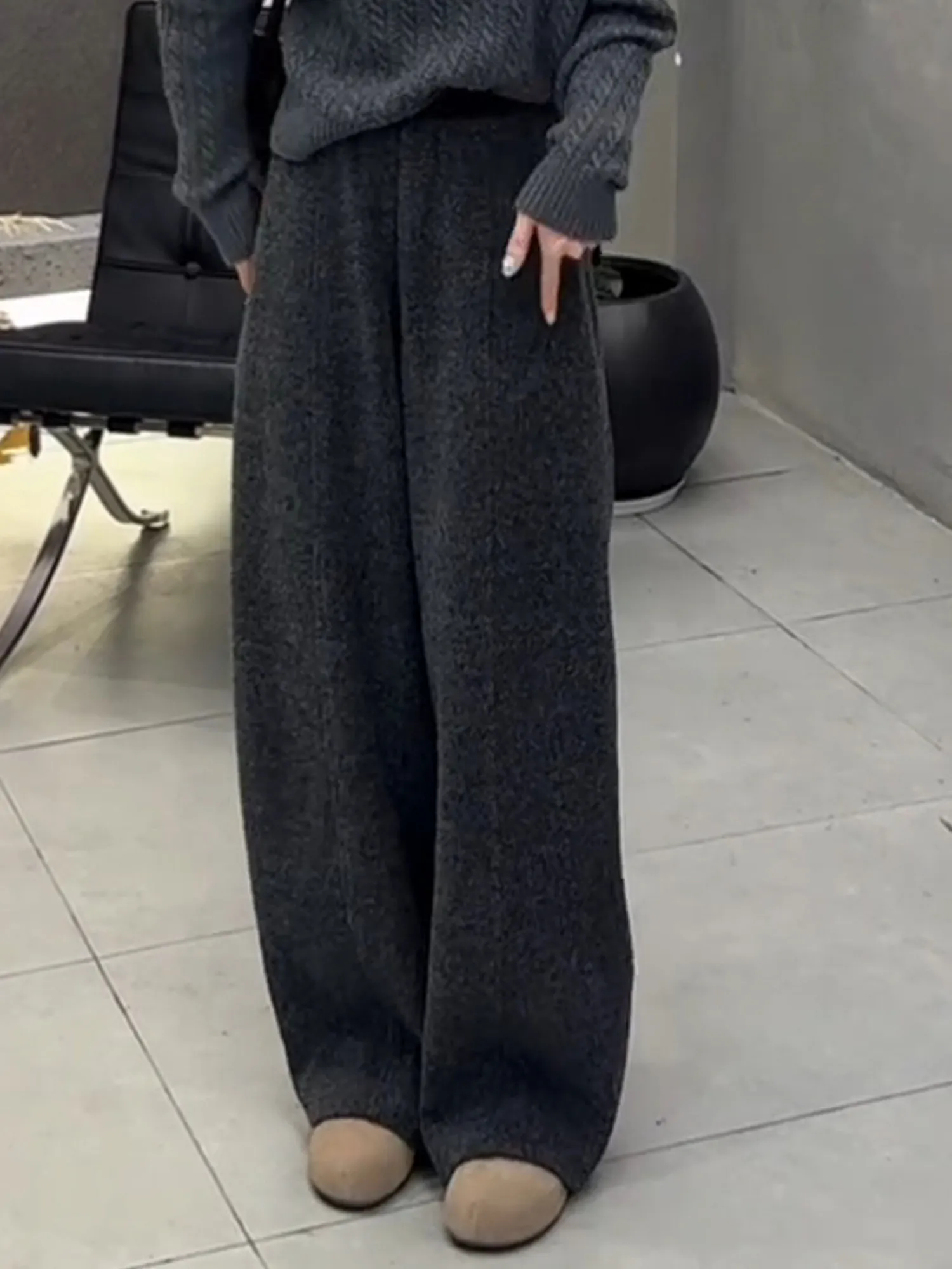 

Корейские утепленные шерстяные брюки с высокой талией и широкими штанинами на флисовой подкладке для женщин, осенне-зимние, больших размеров, теплые, стройнящие