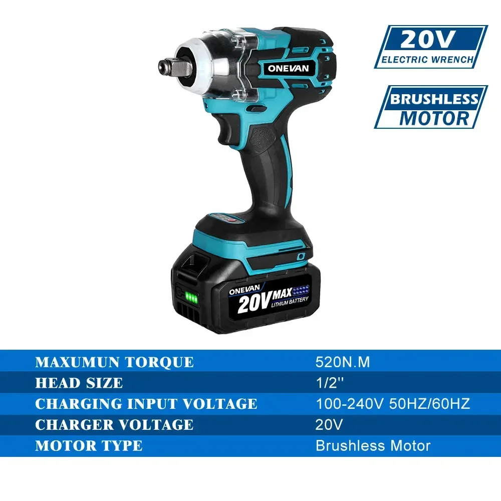 520N.m Brushless Electric Impact Wrench 2 Square Cordless Wrench 2Pcs Li-ion Battery Power Tool for Makita Battery