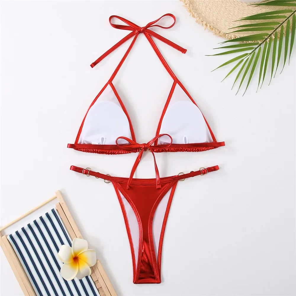 Glanzende Rode String Halter Driehoek Micro Bikini Sets Sexy Badpak Vrouwen String Badpak Lace-up Bikini 2025 Mujer Biqiunis