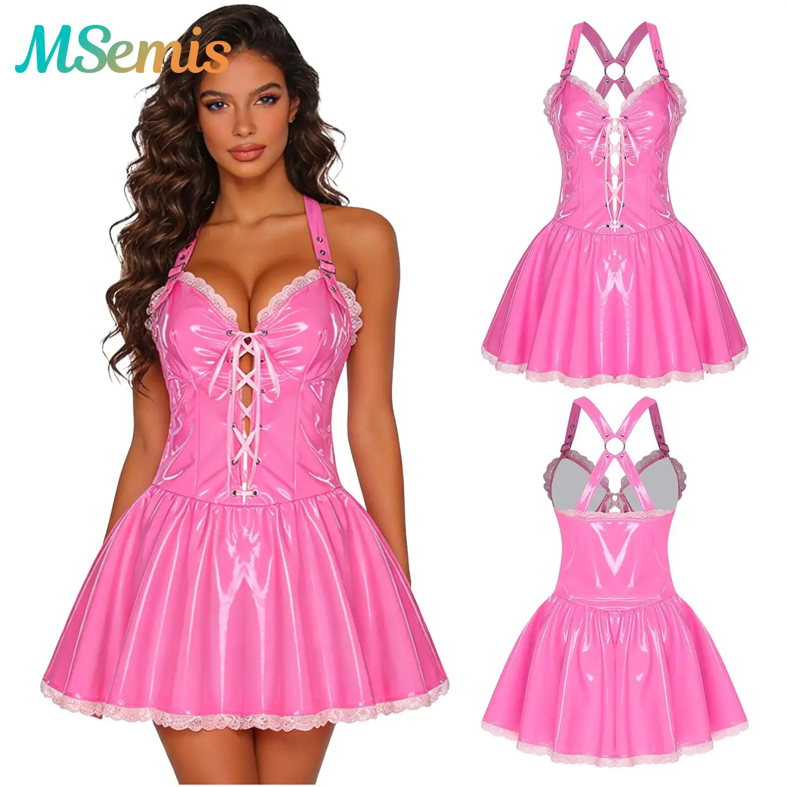 Womens Glossy PU Leather Latex Dress Bunny Girl Cosplay Costume Front Lace-up Floral Lace Trim A-line Short Dress Raves Clubwear