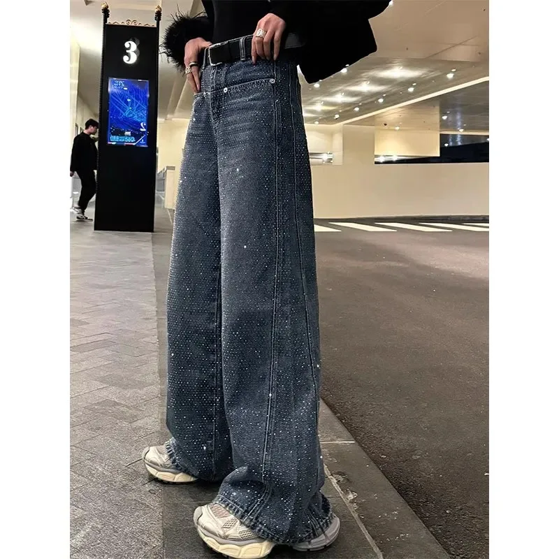 جديد الربيع/الصيف الجينز النسائية الثقيلة الماس تنقش واسعة الساق الجينز ، الإناث عالية الخصر السماء المرصعة بالنجوم مستقيم الساق السراويل 4XL #6