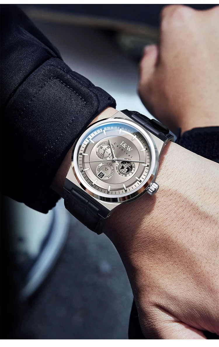 I&W Men Luxury Watch 42mm Automatic Mechanical Wristwatch Waterproof Luminous Sapphire 24 Hours 3D Earth Small Dial Date