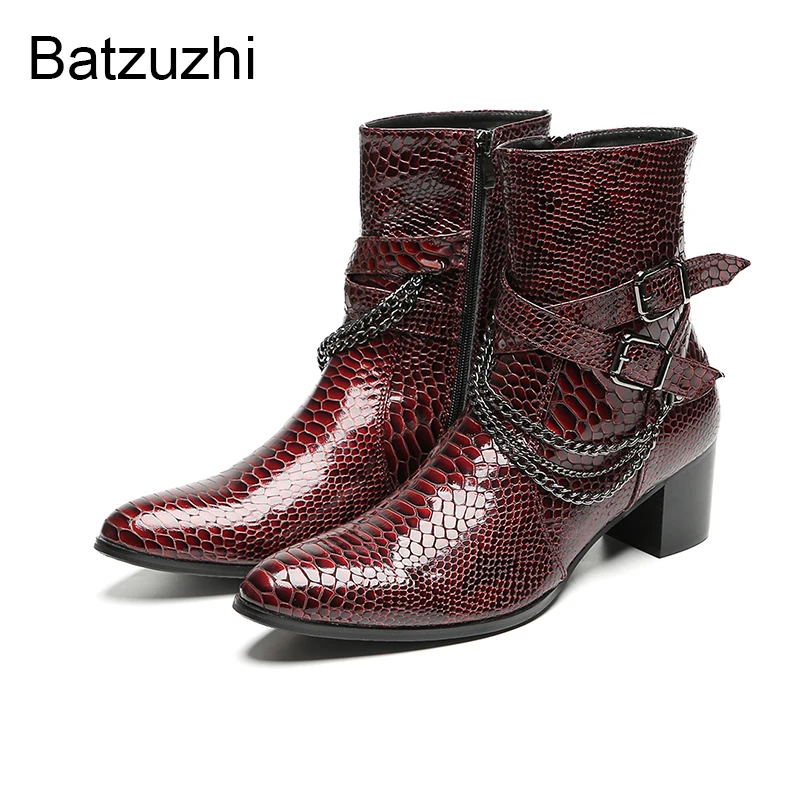 

Batzuzhi Korean Style Men's Boots Shoes Pointed Toe Brown Crocodile Pattern Leather Ankle Boots Man 6.5cm High Heels with Chians