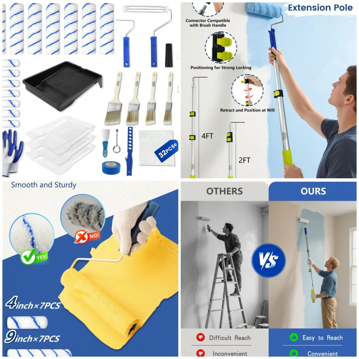 

32PCS Paint Roller Kit with 2-4FT Pole, 4&9in Rollers, Brushes, Tape & Drop Cloth