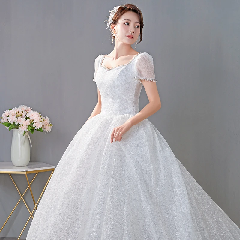 AnXin SH princess white lace sparkly wedding dress vintage sweetheart beading pearls short sleeve ball gown bride wedding dress