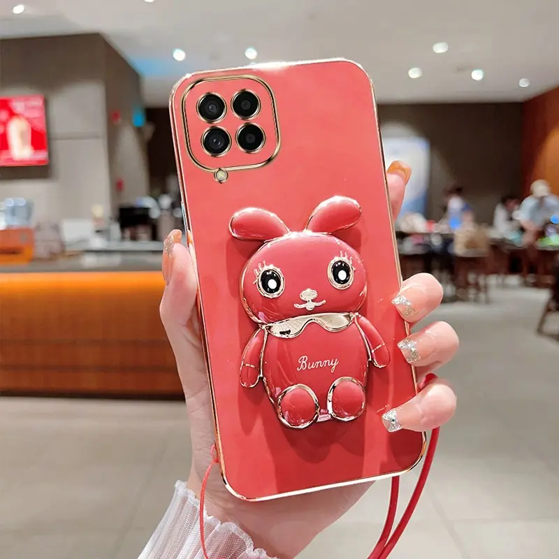 Phone Case For Samsung Galaxy M33 5G Luxury Plating Square Rabbit Holder With Landyard Phone Case Cover