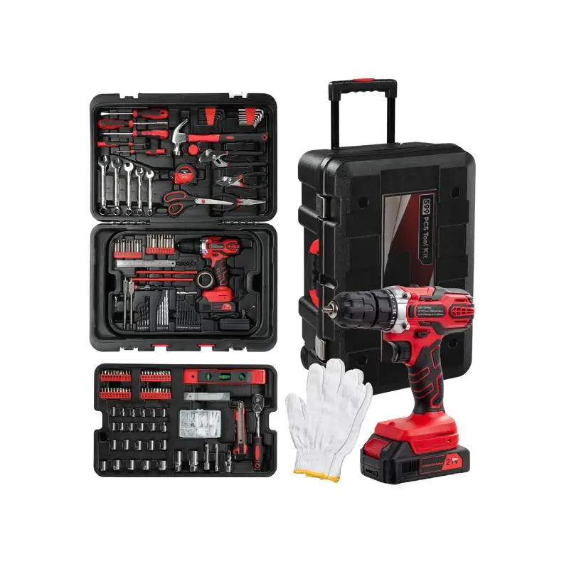 Set Peralatan Rumah Tangga 599-Piece, Kit Perbaikan Mobil dengan Kotak Peralatan Beroda, Peralatan Mekanik & Bor Tanpa Kabel 21V