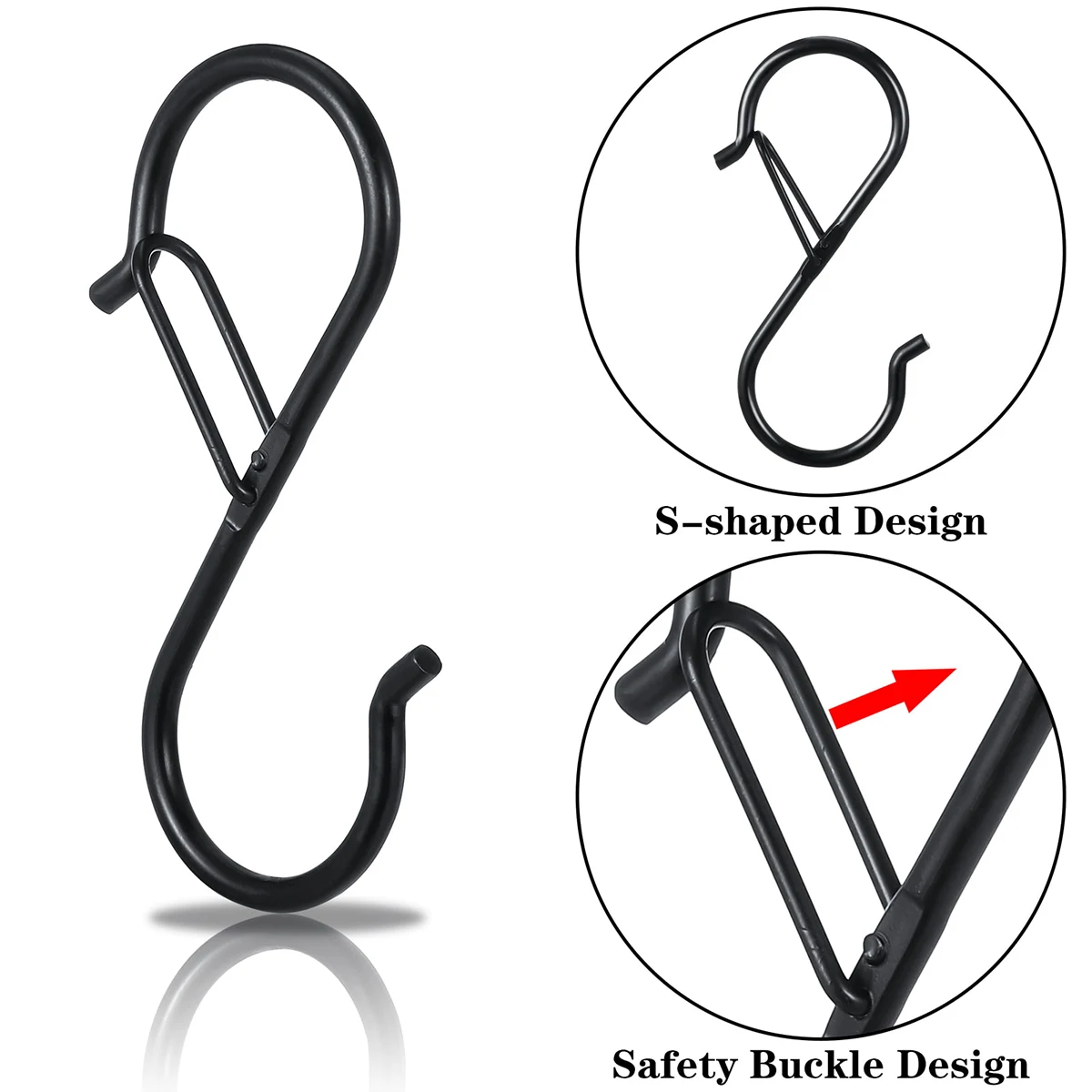 12Pcs S Shape Hooks with Safety Buckle Black Iron Closet Hook Kitchen Pot Rack Hooks for Hanging Towel Clothes Plants Bathroom