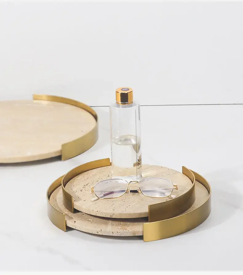 Wabi-Sabi Style Yellow Travertine Marble Round Tray, Cosmetic Display Trays Restaurant Dessert Table Decorative Ornaments Deskto