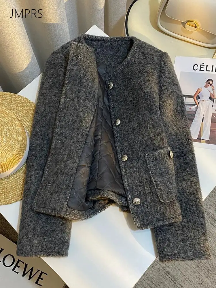 Vintage Warm Faux Woolen Coat Women Winter Thick Long Sleeve O Neck Elegant Slim Jacket Retro Female Single Breasted Pocket Top