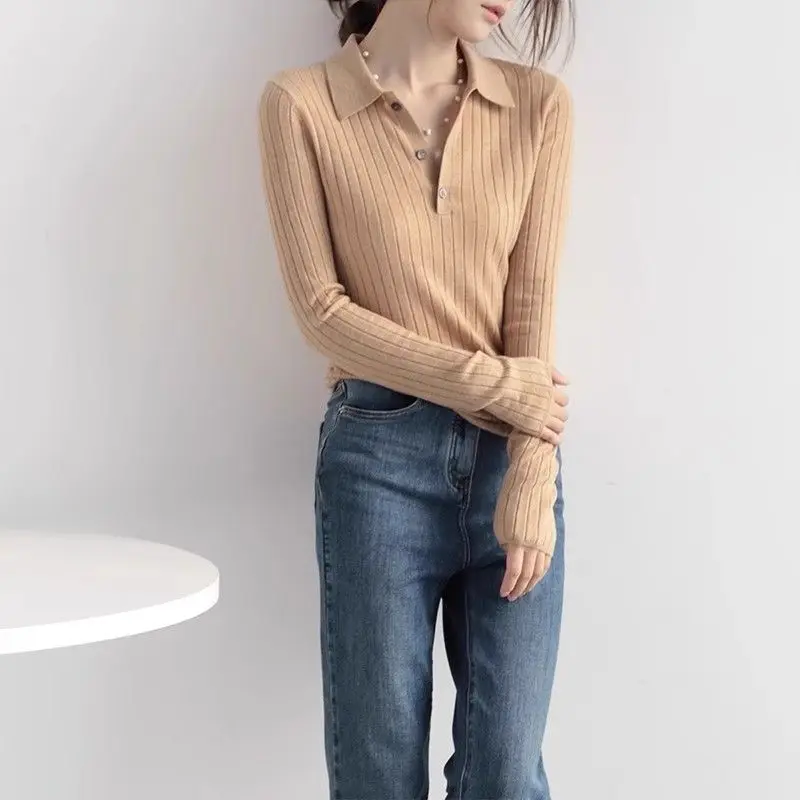 

POLO Collar Elegant Versatile Vertical Striped Sweater for Women's Spring and Autumn Korean Version Simple Sweater Long Sleeves