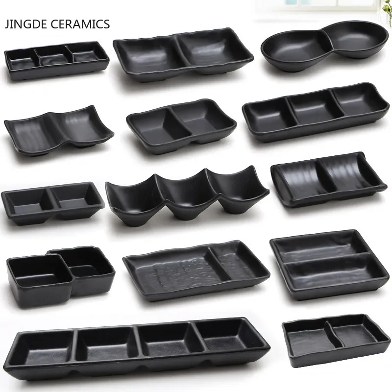 1Pcs Black Melamine Food Grade Plastic Soy Sauce Hot Pot Bar Tableware Seasoning Sauce Chili Double Grid Sauce Dish Snack Plate